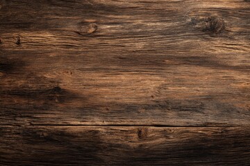 Fototapeta premium Dark rustic wooden plank surface with natural brown grain and knot details, ideal for vintage product mockups, menu layouts, packaging designs, and textured backgrounds