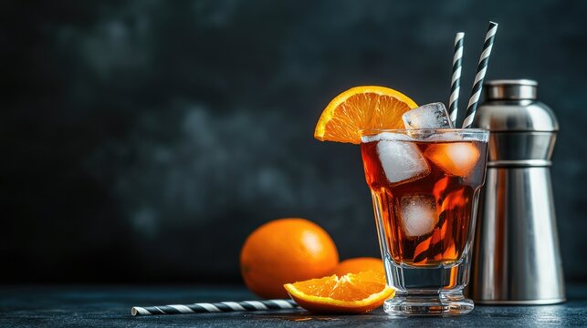 A vibrant drink garnished with orange slices and mint sits on a sleek surface, surrounded by fresh oranges and cocktail tools