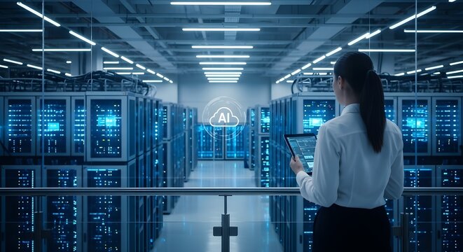 Woman Managing AI Servers with Tablet
