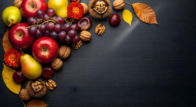 Autumn Harvest Corner Frame with Apples, Grapes, and Walnuts on Wood - Powered by Adobe