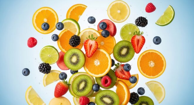 Vibrant fresh fruit mix falling together freshness health nutrition