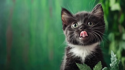 Black cat with striking yellow eyes playfully sticking out its tongue while positioned in front of a green plant