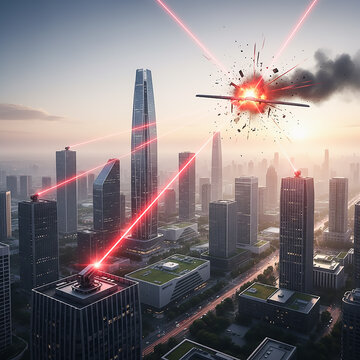 Futuristic laser air defense system intercepting a combat drone over a modern megapolis.