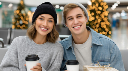 Young couple enjoying coffee together in a festive environment, wearing cozy winter sweaters and hats, surrounded by holiday decorations and warm lights, capturing joyful moments