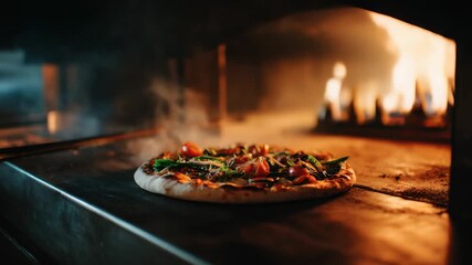 Fresh pizza cooking in a traditional wood-fired oven with fresh vegetables and herbs at an Italian restaurant in the evening