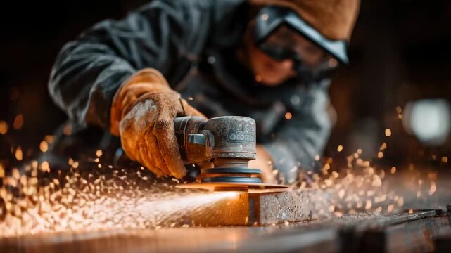 Metalworker demonstrates precision grinding on steel with sparks flying in a workshop during evening hours