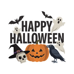 Obraz premium Happy Halloween Illustration With Skull and Pumpkin