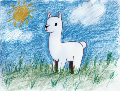 Bright and happy cartoon llama enjoying a sunny day in a grassy field