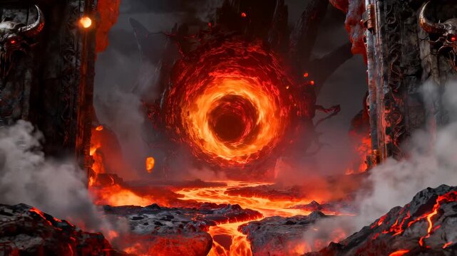 Ornate demonic gates opening to a hellish landscape with a lava river. A fiery vortex swirls in the background of this fantasy underworld. Tilting and panning camera movement.