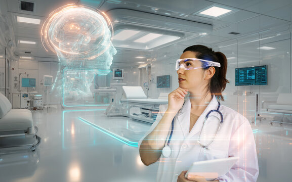 Female doctor analyzing brain hologram with smart glasses in futuristic clinic