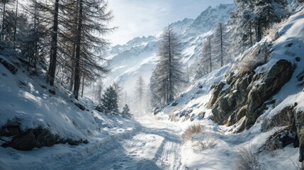 beautiful 4k outdoor photography of a snowy mountain trail in italys alpine region during december winter perfect for nature and winter wonderland lovers
