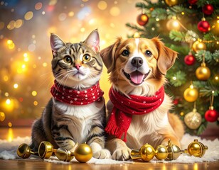 Fototapeta premium cat and dog celebrate christmas 