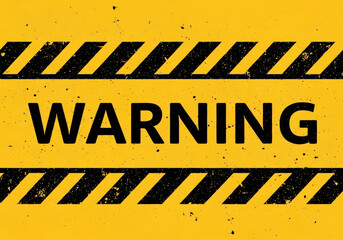 Bright yellow graphic with WARNING in bold black font, surrounded by diagonal black stripes and speckles for a caution effect.