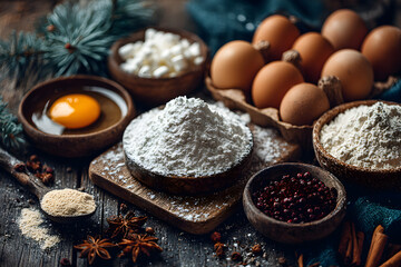 Fototapeta premium Christmas or Xmas baking culinary background. Ingredients for cooking on kitchen table. New Year or Noel holiday festive decorations