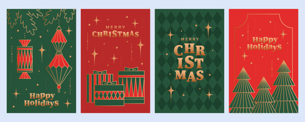 Merry Christmas cards with gifts, Christmas tree decorations, sweets. Green and red background with gold lines in a minimalist geometric style.  Xmas posters for winter holidays.
