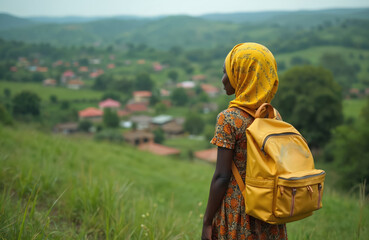 African girl with yellow backpack, headscarf looks over rural village. Stands on green hill with houses in distance. Child learns, walks home from school in Africa. Journey represents hope, growth,