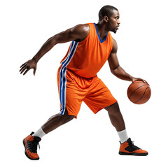 A basketball player in an orange jersey and shorts is dribbling a basketball