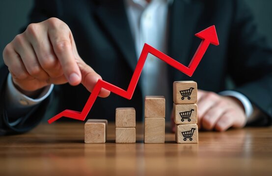 Hand adjusts red line graph pointing upward over wooden blocks. Blocks show shopping cart icons stacked. Represents business growth sales increase and online shopping.