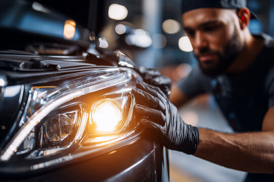 A man is working on a car's headlights