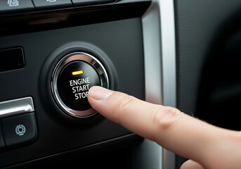 Finger pressing the engine start stop button in car