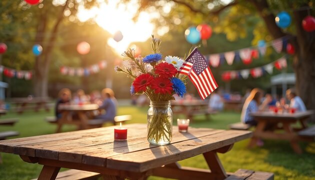 Patriotic red white blue flower bouquet with American flag decorates rustic wood picnic table. Colorful balloons, festive banners beautifully adorn outdoor backyard party. Families, friends gather to