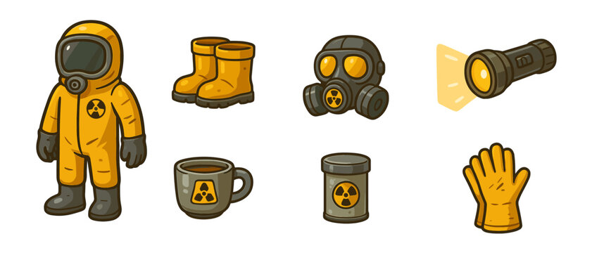 Protective suit cartoon icons ,radiation, safety, post-apocalypse, toxic, danger