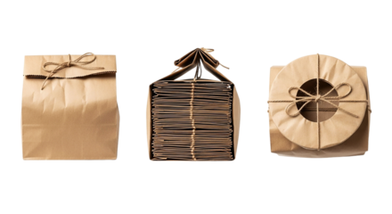 Elegant Brown Paper Packaging Bags and Boxes tied with Rustic Twine Gift Wrapping Crafts on transparent background