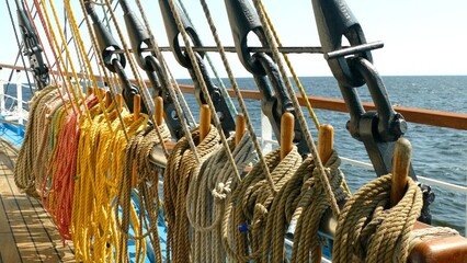 rigging of the masts and sails of a tall ship