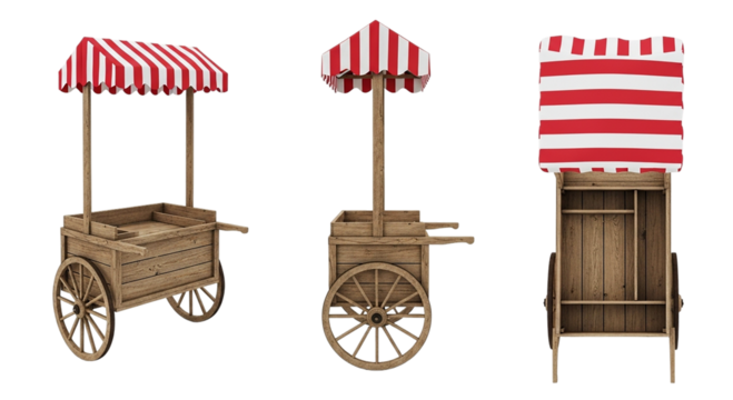 Market Stall Cart with Red and White Striped Awning Vintage Wood Mobile Vendor Stand Isolated on transparent background - Powered by Adobe