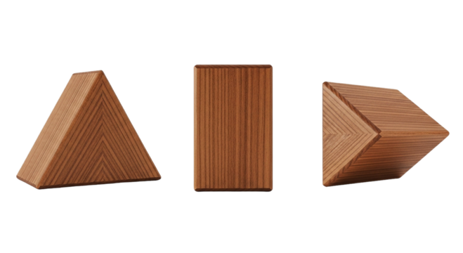 Wooden Blocks Geometric Shapes Triangle Rectangle Arrowhead Woodgrain Texture Abstract Art on transparent background