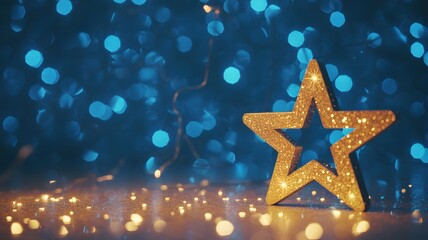 Golden glitter star on glowing blue bokeh background representing festive celebration and holiday decoration