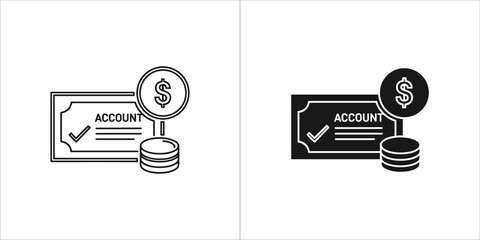 Bank account check icon with dollar coins, financial transaction concept