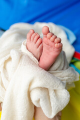 Tiny baby feet wrapped in a soft white blanket