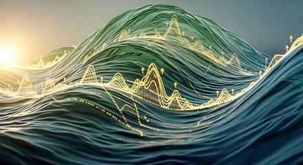 Abstract data waves with golden lines and upward pointing arrows