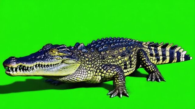 An alligator with sharp teeth resting on a bright green background in a studio setting crocodile green screen video