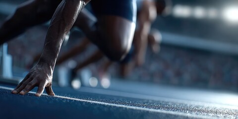 Sprinter at Starting Line in Stadium