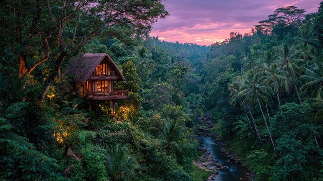 Beautiful wooden jungle house with balcony over tropical river at colorful sunset