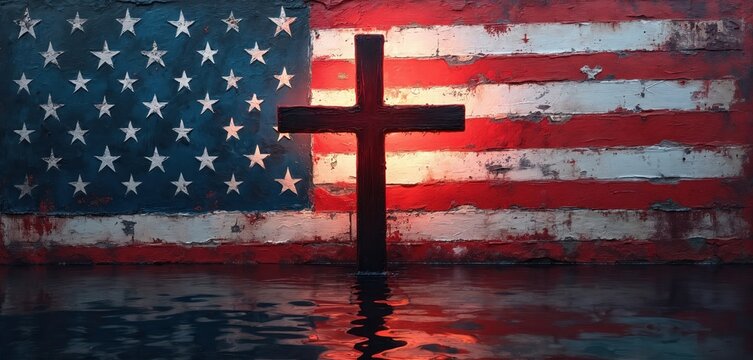 Grunge US flag background. Dark Christian cross stands against glowing light. Reflection of flag, cross shimmers in still water. Powerful abstract image combines themes of religion, patriotism,