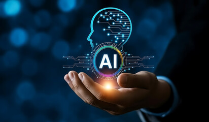 Fototapeta premium Artificial Intelligence Innovation Concept – Glowing AI Brain and Circuit Design in Human Hand on Futuristic Technology Background