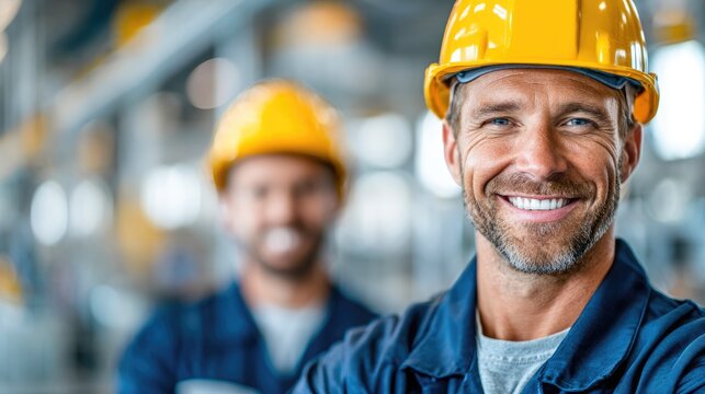 Smiling engineer wearing yellow safety helmet