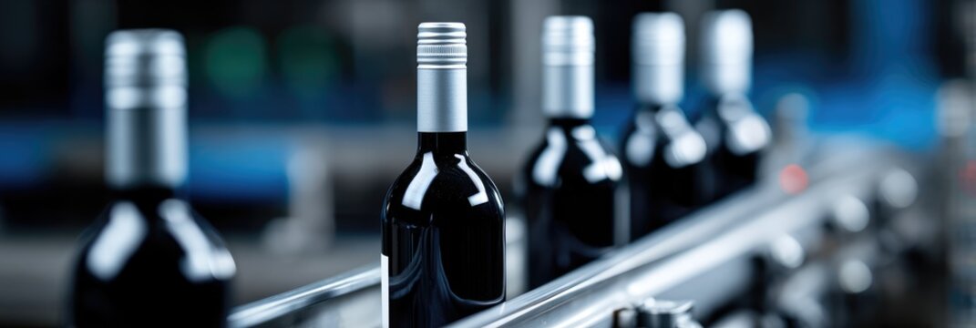 Black wine bottles with metal caps on modern production line
