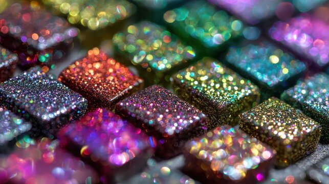 close up of colorful glittery square tiles with sparkling bokeh festive abstract mosaic background vibrant shiny cubes decorative craft detail bright party backdrop with copy space for branding
