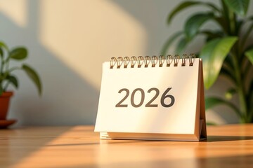 Minimal desk calendar displaying 2026 in warm sunlight, representing future vision, organization, and calm new year planning.