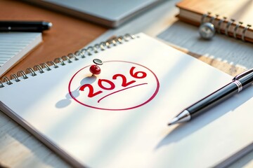 Close-up of notebook with 2026 circled in red and marked with a pin, symbolizing new year goals, business planning, and fresh motivation.
