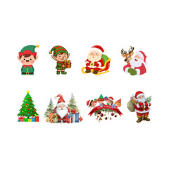 Isolated Merry Christmas banner, Santa Claus, Laughing Santa Reindeer Christmas Cartoon,  Christmas tree.