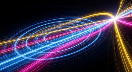 Abstract glowing light trails in blue pink and yellow on black background