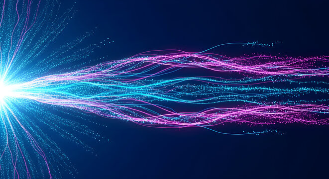 Abstract particle stream with blue and purple light trails, creating a dynamic and futuristic visual effect on a dark background