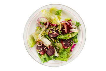 Beet salad green leaf lettuce vegetables natural product tasty snack fresh delicious gourmet food background on the table rustic top view copy space keto and paleo diet vegan and vegan food