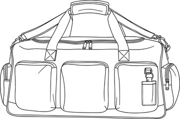 Duffel bag, travel luggage, CAD drawing, technical sketch, gym bag illustration, vector template, stylish accessory outline, product design, fashion gear, side view