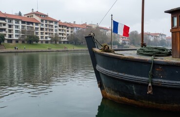 Obraz premium Barge with French flag sails on calm river next to residential buildings. People walk along green embankment under cloudy sky. Boat nears urban riverside.